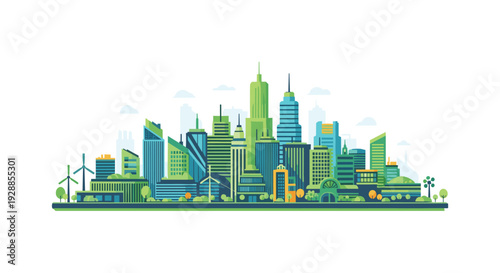 A stylized illustration showcases a modern eco-friendly city skyline featuring numerous green buildings wind turbines and trees on a white background, Generative AI.