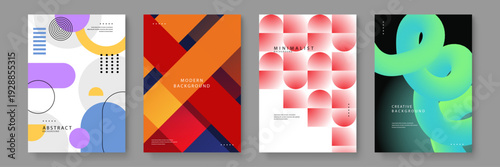 A versatile set of four abstract posters featuring bauhaus geometry diagonal stripes red minimalist blocks and 3D fluid snakes