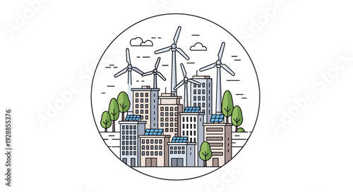 A line-art illustration of a modern city skyline with buildings green trees wind turbines and solar panels is enclosed within a circular frame on a white background, Generative AI.
