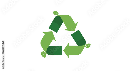 A vibrant green recycling symbol formed by three looping arrows with integrated leaf details is prominently displayed on a clean white background, Generative AI.