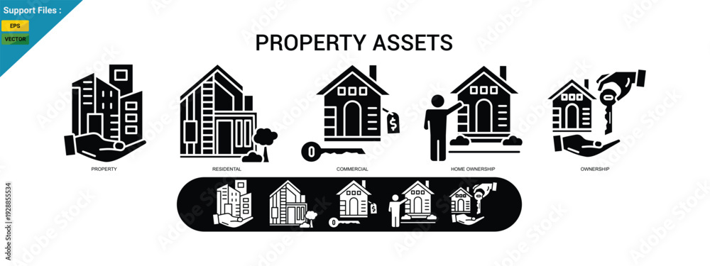 Obraz premium Property Assets web banner icon vector illustration concept , with icon of Property, Residential, Commercial.glyph icons set.