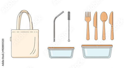 A beige canvas tote bag a silver metal straw with a cleaning brush wooden cutlery and two glass food containers with wooden lids are neatly arranged on a bright white background, Generative AI.
