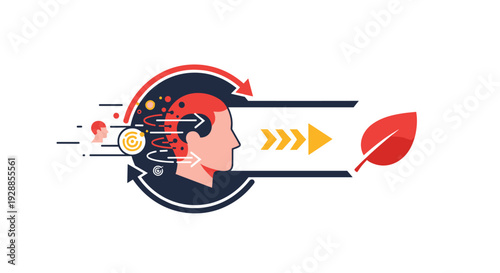 A stylized human head with internal gears and arrows depicts thought processes and flow elements on a white background, Generative AI.
