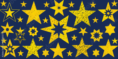 A vibrant pattern of textured golden stars against a deep navy background