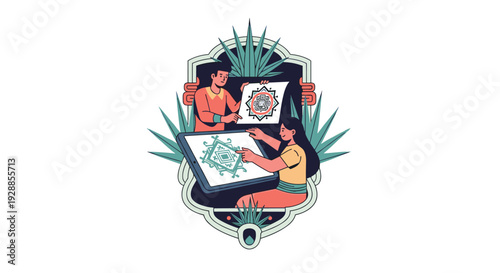 Two individuals one holding a paper and one drawing on a tablet with geometric patterns are framed by an ornate border with green agave plants, Generative AI.