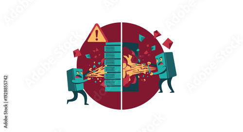 Two cube-shaped characters are aggressively attacking a central server rack causing it to shatter on a red circular background, Generative AI.