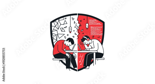 Two identical male figures sit at laptops within a split shield emblem one with broken fragments and the other with code, Generative AI.
