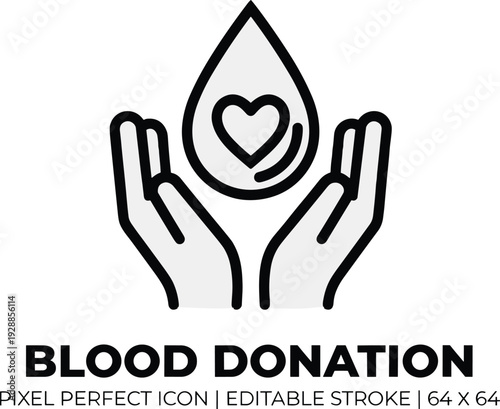 Blood donation icon with hands holding heart drop, charity healthcare support symbol isolated on white background, medical vector illustration