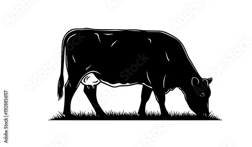 Grazing Angus Cow Silhouette Vector Farm Livestock Logo Illustration on White Background