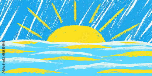 A childlike drawing of a bright sun rising over a wavy blue sea
