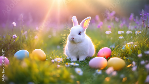 Charming white bunny rabbit amidst colorful Easter eggs in a sun-drenched meadow bursting with spring flowers