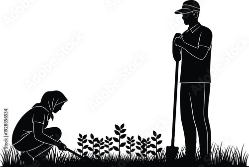 Gardeners planting young plants silhouette, teamwork in gardening and agriculture, eco farming vector illustration isolated on white background