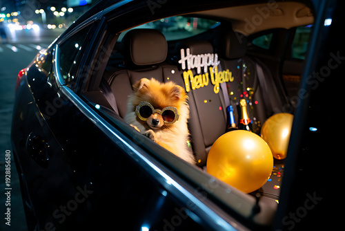 Adorable Pomeranian dog dressed in sunglasses enjoys a New Year's Eve celebration in the backseat of a car, surrounded by balloons and champagne bottles