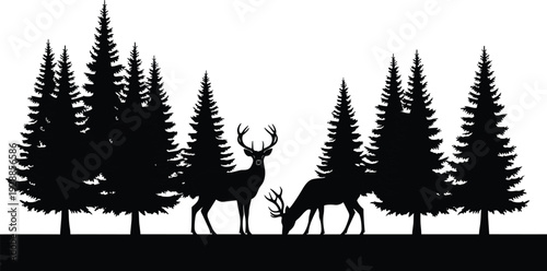 Majestic deer silhouettes among pine forest landscape, wildlife nature scene, black vector illustration, tranquil woodland composition minimalist scenic background design