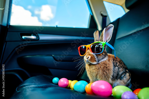 A charming brown rabbit, wearing vibrant rainbow sunglasses, sits playfully among colorful Easter eggs in the plush backseat of a car, ready for a festive holiday adventure