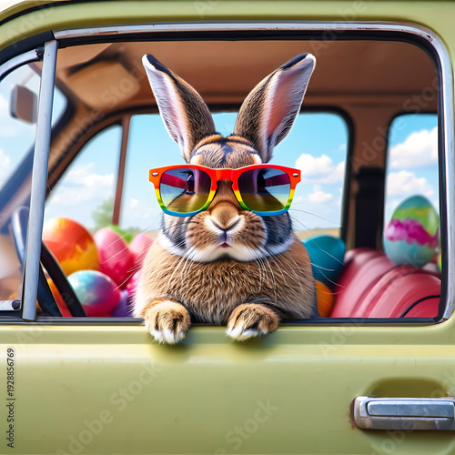 Happy Easter Bunny in Sunglasses Driving a Car with Colorful Easter Eggs