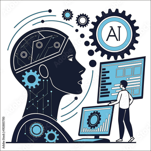 AI head with gears data analysis on screens technology 
