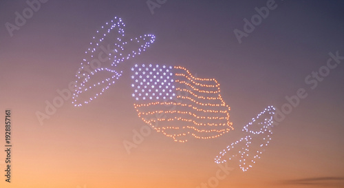 Fourth of July Drone Show: American Flag, Independence Day Celebration, Aerial Light Display, Patriotic Event, USA, Night Sky