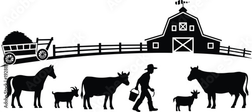 Black silhouette of farm life with barn, hay wagon, farmer carrying bucket, and livestock including cows, horse, and goats, (20 words)