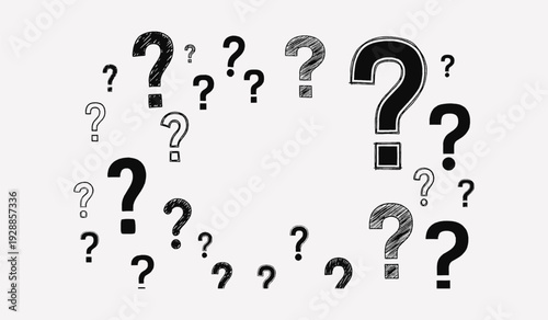 A multitude of hand drawn question marks fills a light gray background