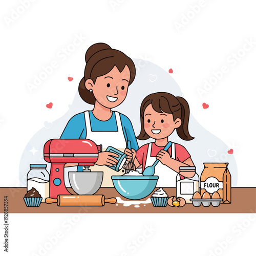 A mother and daughter bake together, mixing ingredients happily