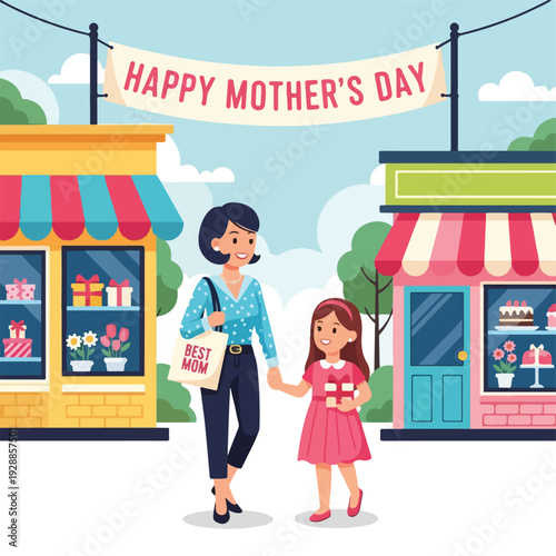 A mother and daughter enjoy a shopping spree on a sunny day