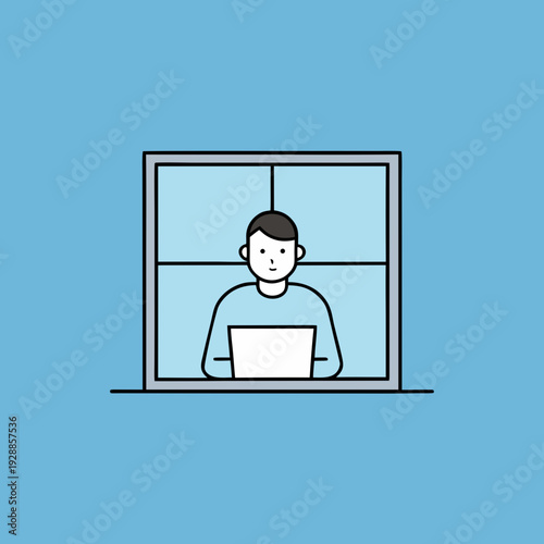 Vector illustration of man working on laptop behind window