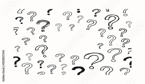 Numerous hand drawn question marks scattered across a white background