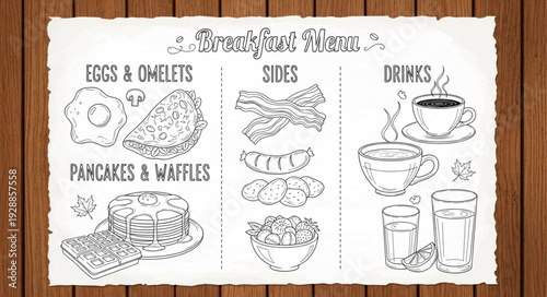Hand Drawn Breakfast Menu With Food Illustrations and Coffee.