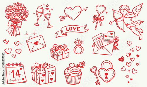 Hand drawn Valentine’s Day doodle set with roses, champagne glasses, cupid, hearts, gift boxes, love letters, and romantic symbols. Outline style illustration for greeting cards, wedding designs, pack