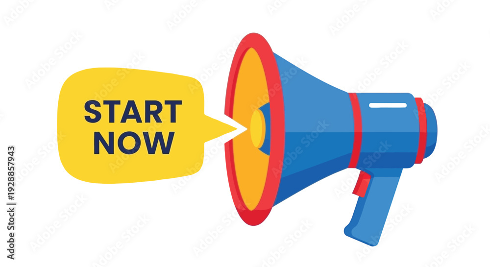 Naklejka premium A brightly colored megaphone with the text start now displayed prominently