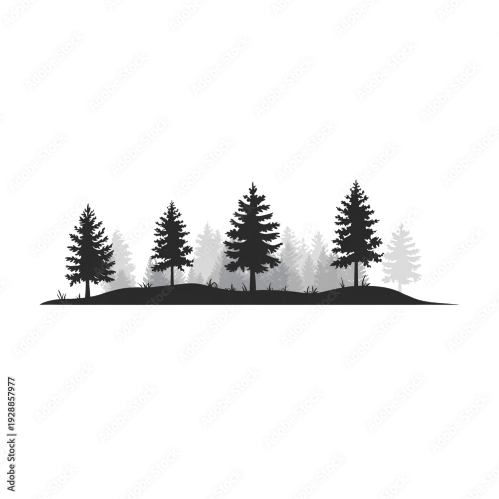 Fototapeta premium Panoramic pine forest silhouette landscape with layered trees and grass, nature wilderness background for outdoor adventure