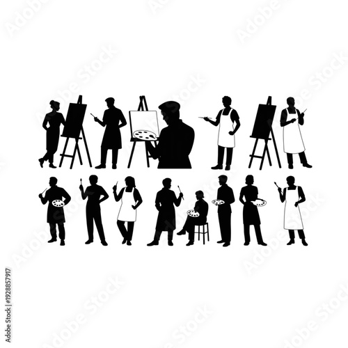 Collection of professional artist silhouettes with easels and palettes, creative painter icons for art studio design