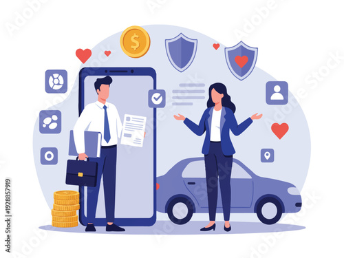 Business people standing next to large smartphone with car and icons  finance and technology concept