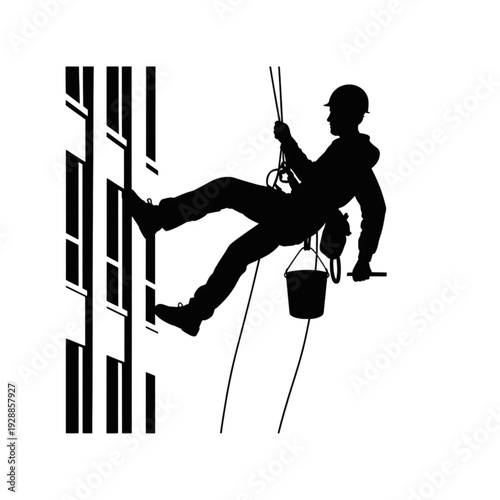 High-rise window cleaner silhouette rappelling on building, industrial professional worker icon for maintenance and cleaning services