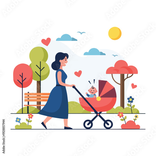 A mother happily walks her baby in a stroller on a sunny day
