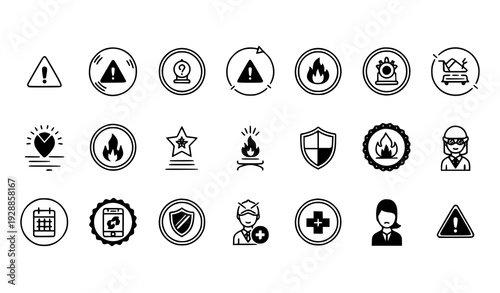 Solid Black Safety Icons Collection Featuring Hazard Emergency Alert and Protection Signs