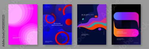 Collection of four modern abstract background posters featuring vibrant pink blue and purple gradients with geometric circle and wave patterns for corporate branding and creative design projects