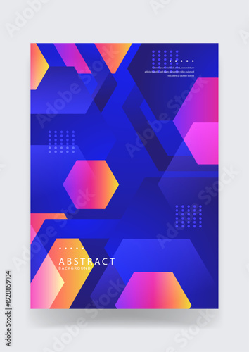 Modern abstract background featuring a complex layering of blue hexagonal shapes with vibrant pink and orange glowing accents