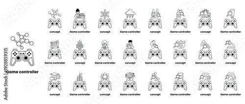 A collection of game controllers with a black and white background