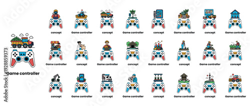 A collection of game controllers with various icons and characters