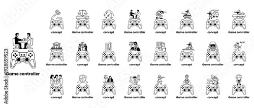 A collection of game controllers with a man sitting at a desk