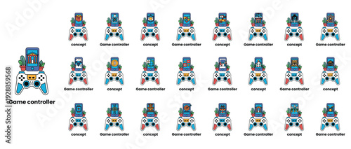 A collection of game controllers with a variety of colors and designs