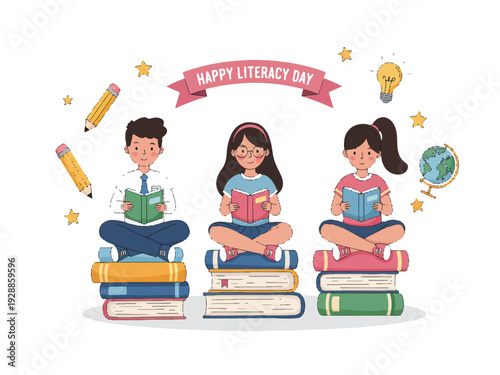 Happy literacy day children sitting on stack of books reading smiling surrounded by stars pencils globe light bulb  education and learning concept