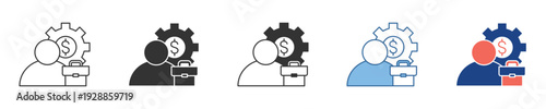 Business management and financial career vector icons. Features person, gear, dollar, briefcase, symbolizing professional development and human resources strategy