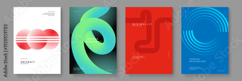 Four high quality poster designs featuring liquid 3D shapes red circles and minimalist lines for professional corporate and creative projects