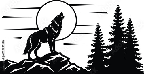 Vector illustration of stylized wolf howling at moon with pine trees symbolizing wildlife, culture, tradition, freedom, and education