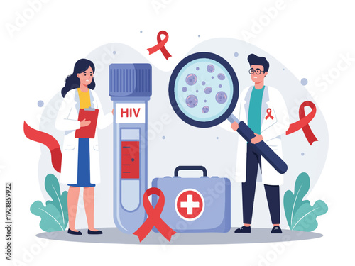 HIV awareness doctors with medical equipment and red ribbons for health campaign