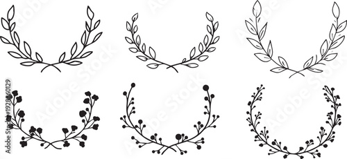 Hand-Drawn Floral Laurel Wreaths and Botanical Border Collection