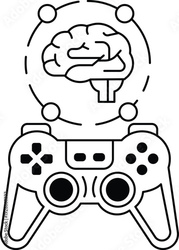 A black and white image of a video game controller with a brain on the screen
